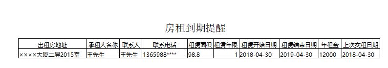 房屋租赁管理系统_房租到期提醒报表_房租到期明细