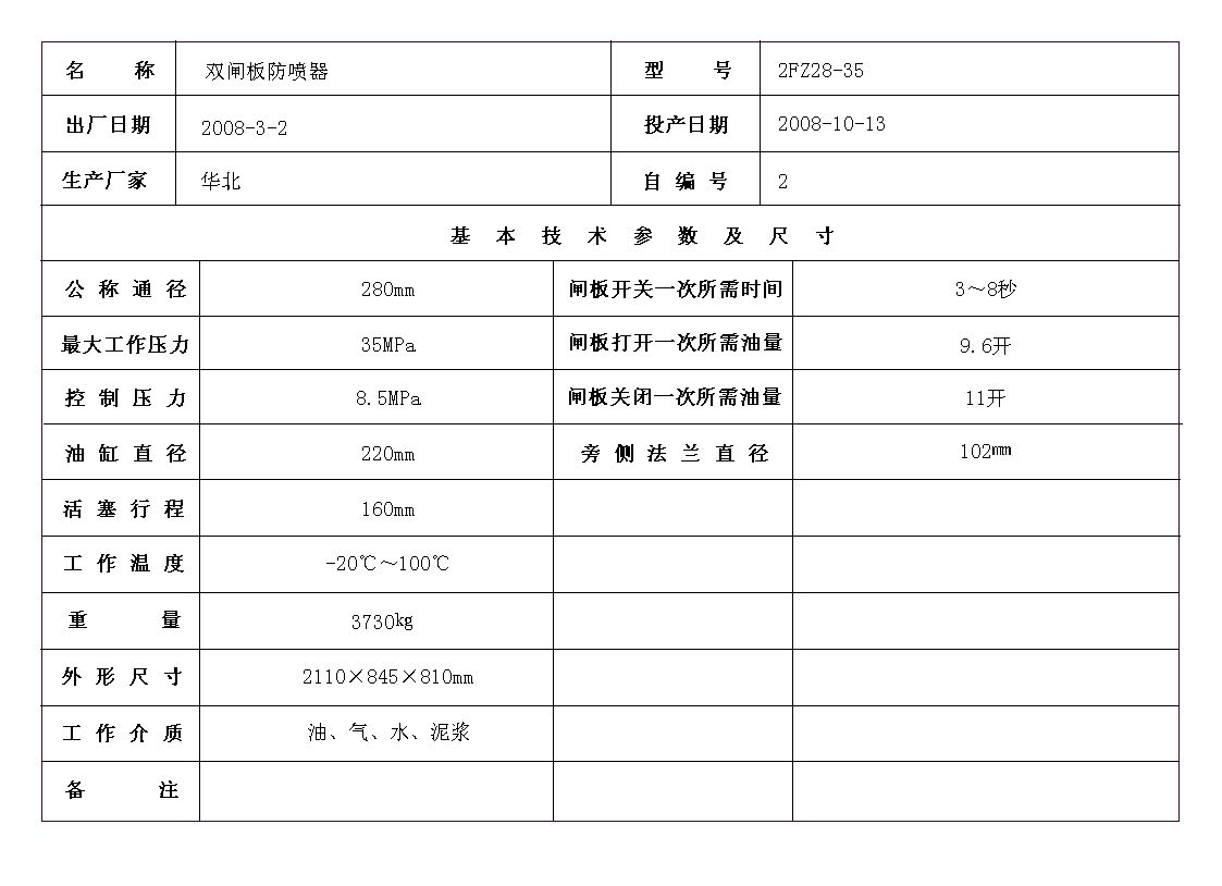 《石油设备管理系统》报表打印格式