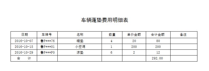 公安车辆管理系统_蓬垫费用报表_蓬垫费用明细表(A4)