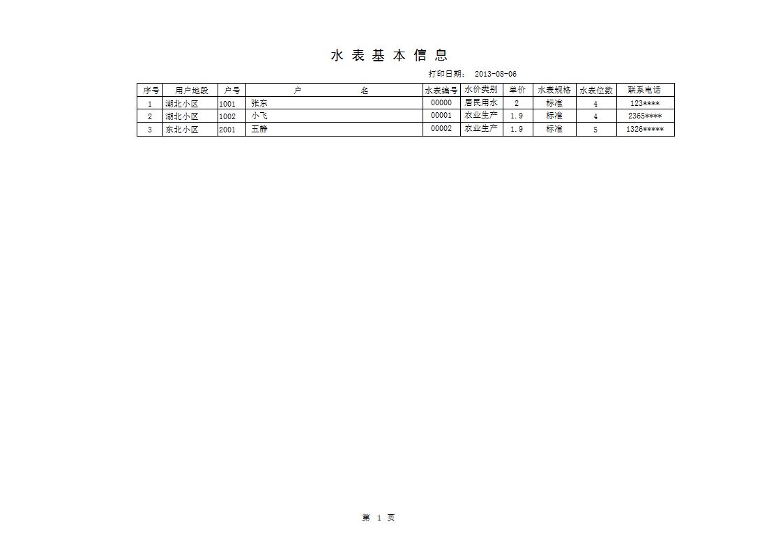 《水费管理系统--按季度收费版》报表打印格式